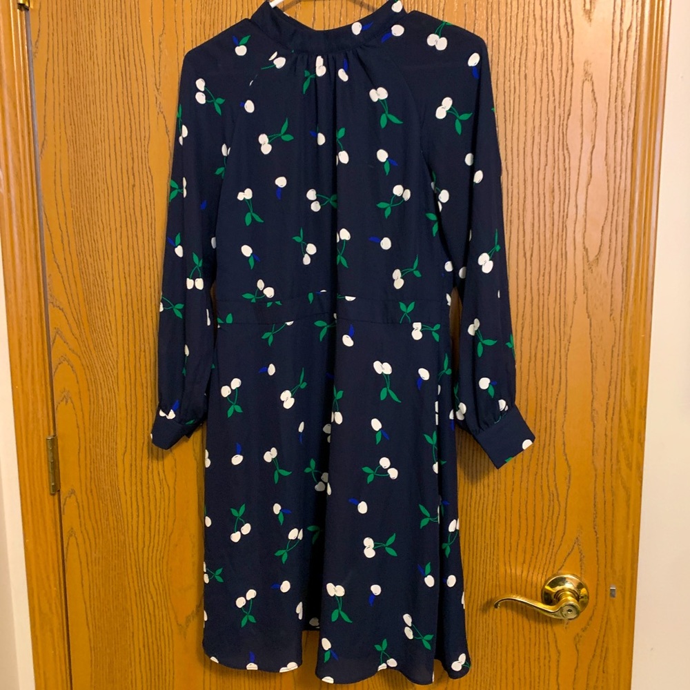Banana Republic spring dress long sleeve dark blue with white cherries.